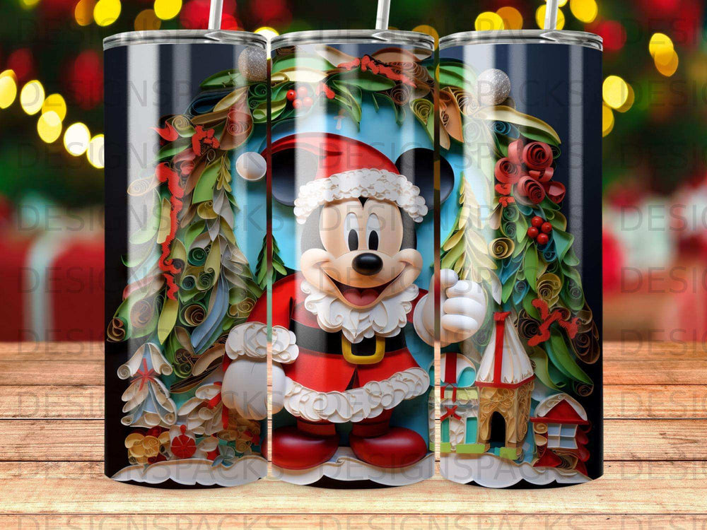 Mickey Mouse in Santa costume with festive decorations and gift boxes.