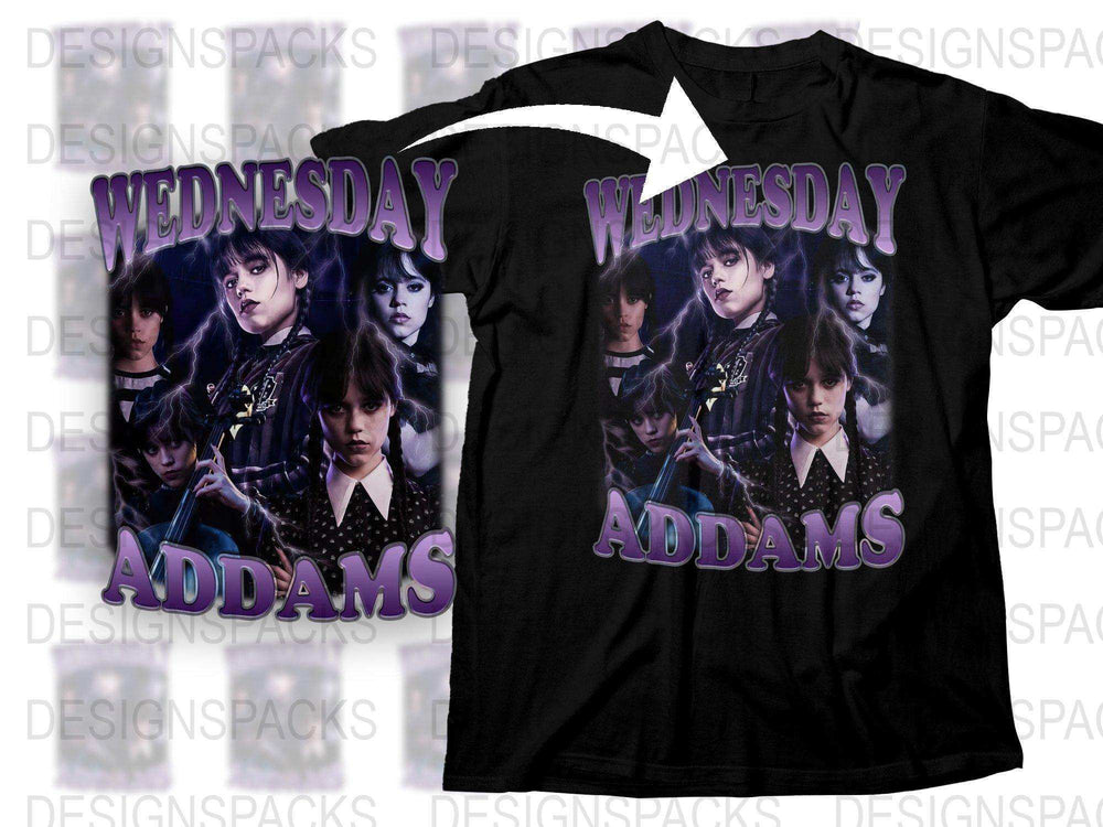 Wednesday Addams T-Shirt, Fan Merch, Gothic Style Black Tee, Multiple Poses, Bold Text Graphic