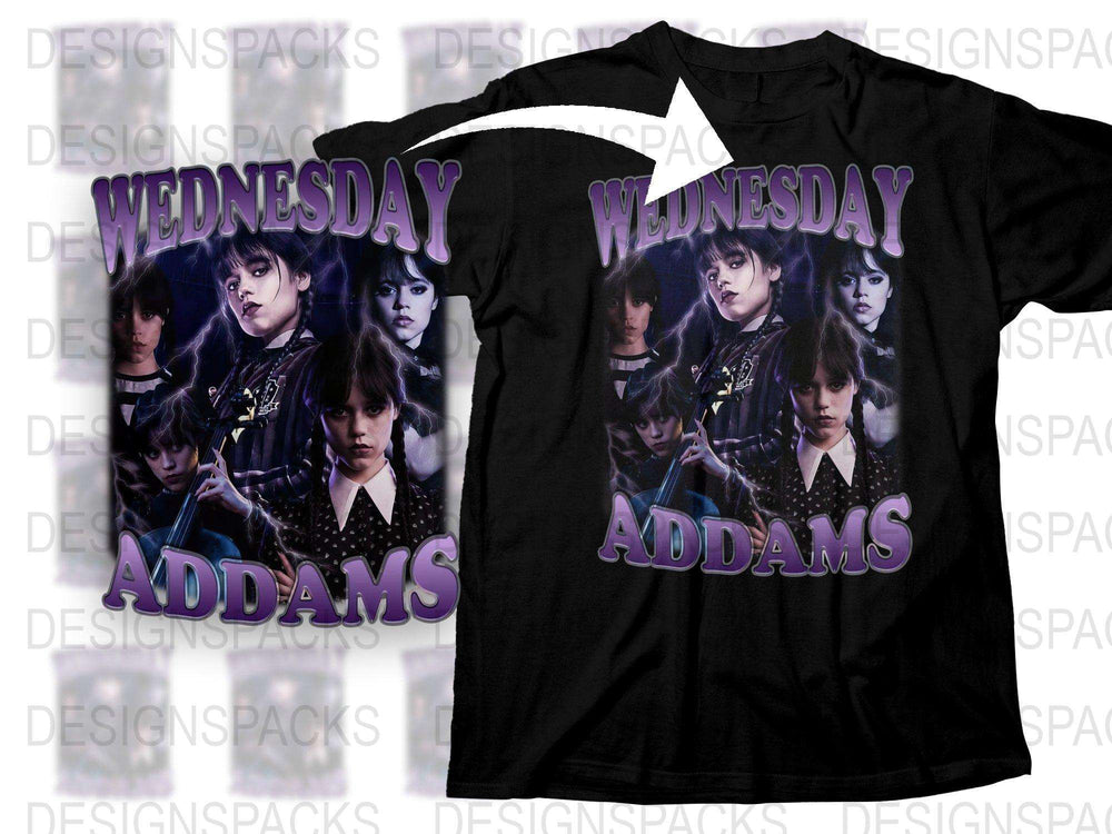 Wednesday Addams T-Shirt, Fan Merch, Gothic Style Black Tee, Multiple Poses, Bold Text Graphic