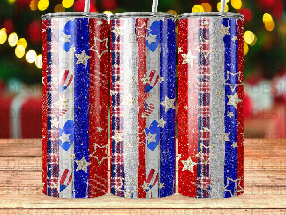 Red, white, and blue striped tumbler with stars and glitter.