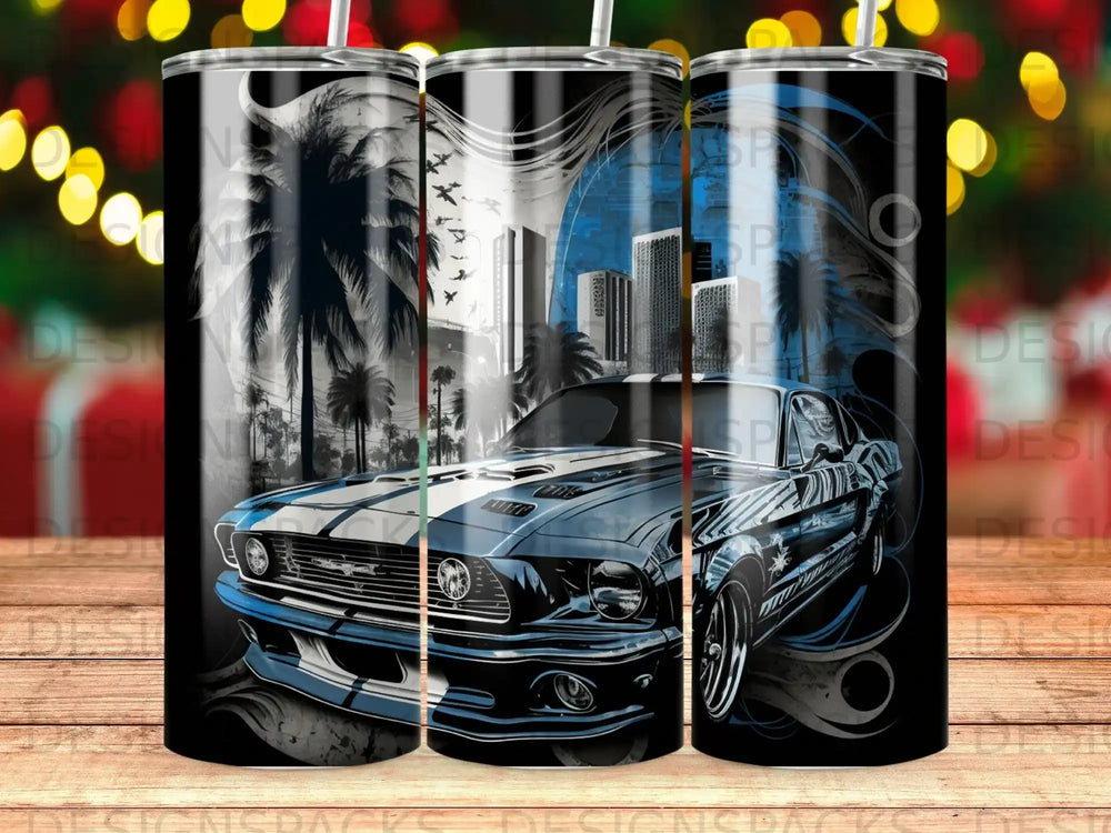 Blue classic muscle car with city skyline and palm trees background.