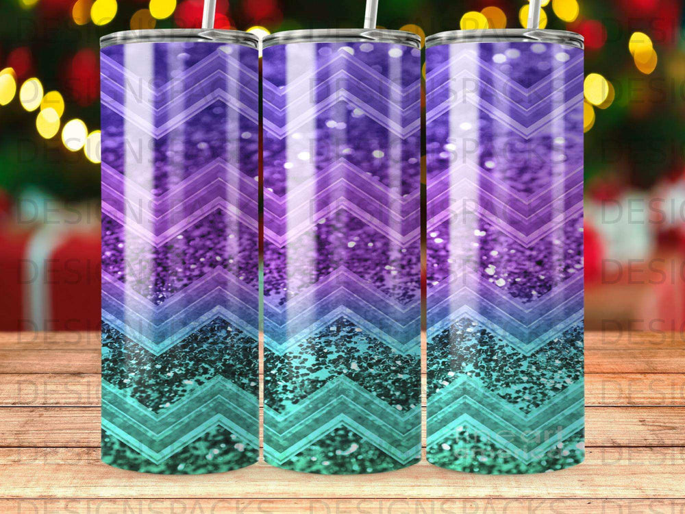 Purple and teal glitter chevron pattern on a tumbler.