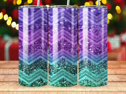 Purple and teal glitter chevron pattern on a tumbler.