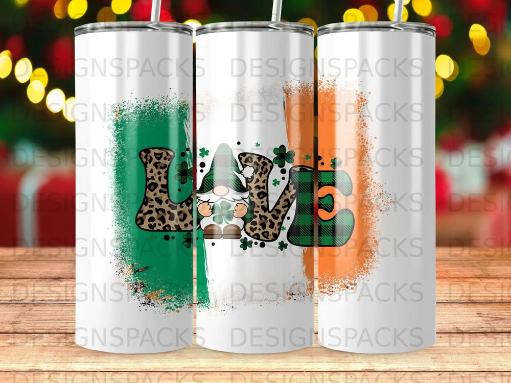 Green, white, and orange gnome with "Love" text on a tumbler.