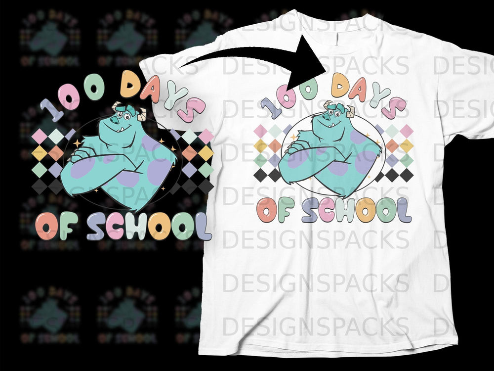 Sulley from Monsters Inc celebrates 100 Days of School with colorful text and background.