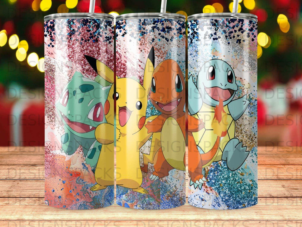 Three Pokémon characters, Bulbasaur, Charmander, and Squirtle, on a glittery background.