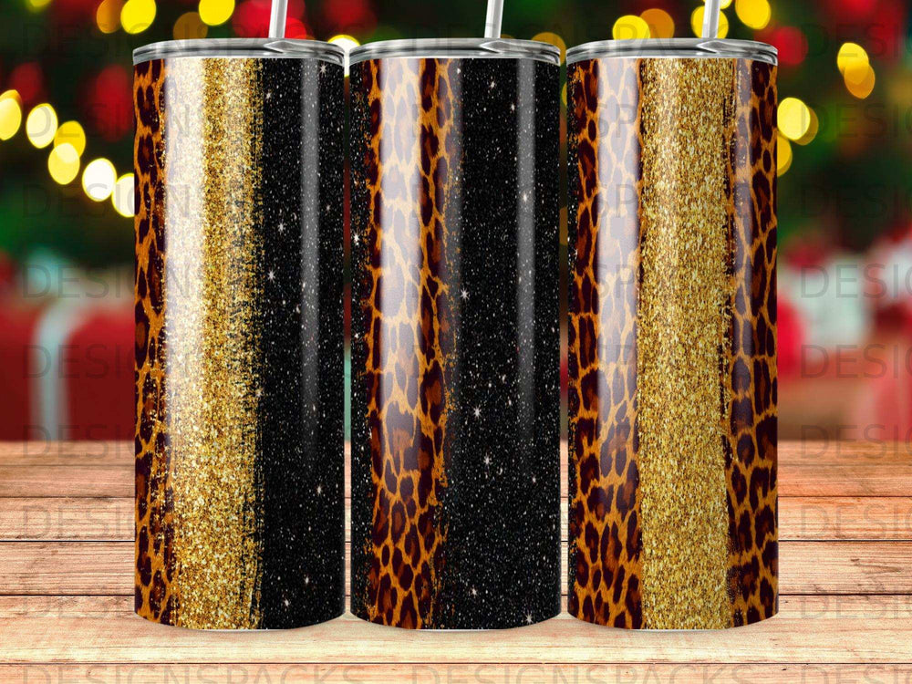 Three tumblers with leopard print and glitter designs.