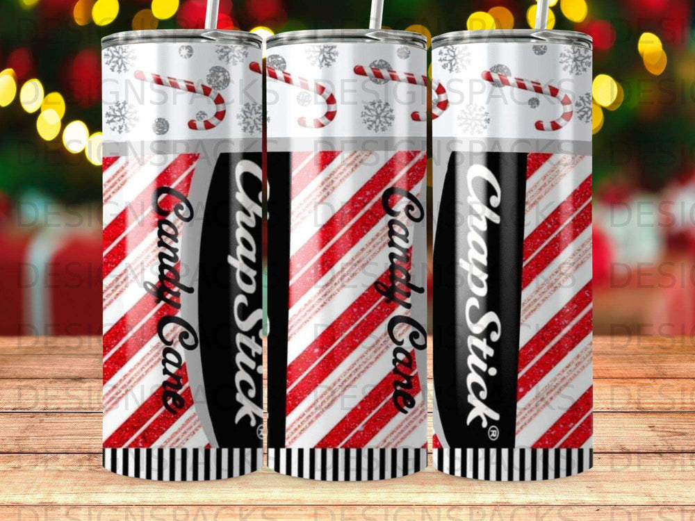 Candy Cane Chapstick tumbler with red and white stripes.