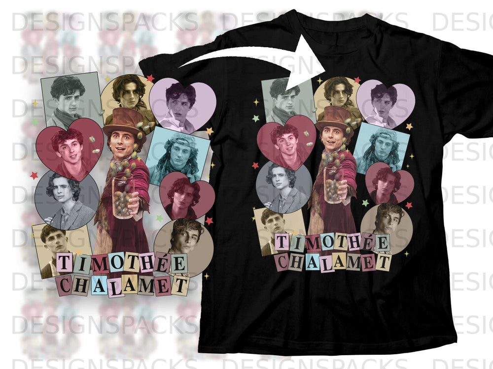 Black t-shirt featuring a collage of Timothée Chalamet photos with his name.