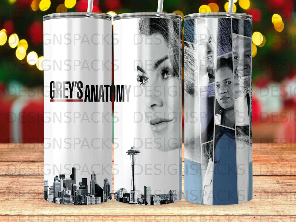 Grey's Anatomy collage with Seattle skyline and character portraits.