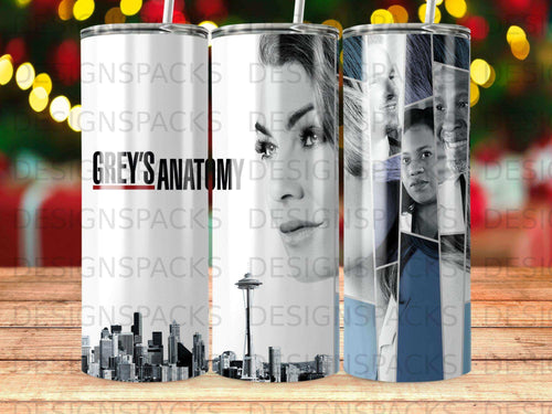 Grey's Anatomy collage with Seattle skyline and character portraits.