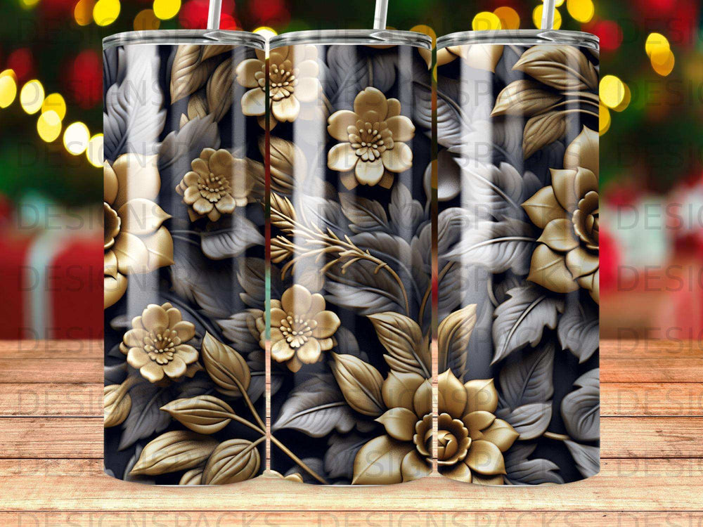 Gold floral pattern on a dark background with blurred bokeh lights.
