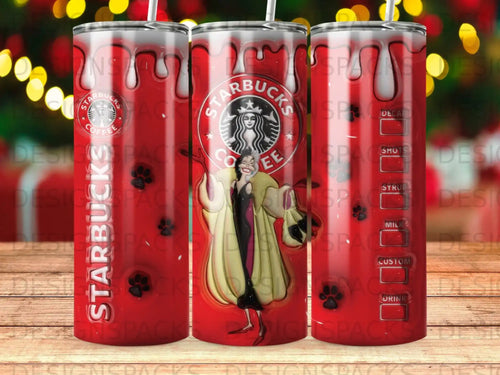 Starbucks tumbler with Cruella de Vil illustration and menu item labels.