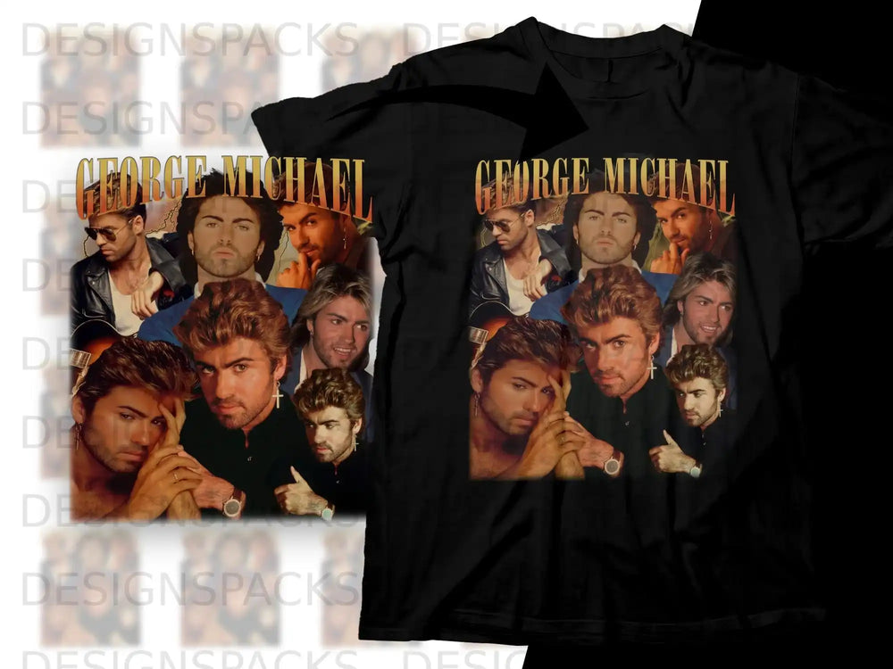 Collage of George Michael portraits on a black t-shirt.