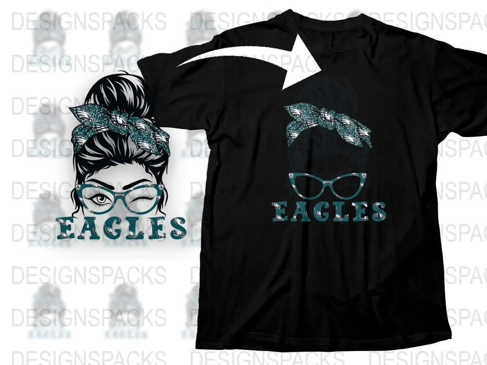 Women's Eagles Graphic T-Shirt, Stylish Blue Glasses and Bandana Print, Casual Black Tee