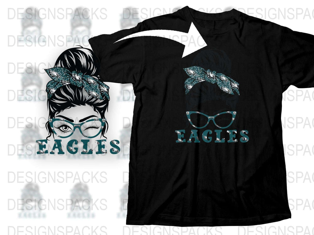 Women's Eagles Graphic T-Shirt, Stylish Blue Glasses and Bandana Print, Casual Black Tee