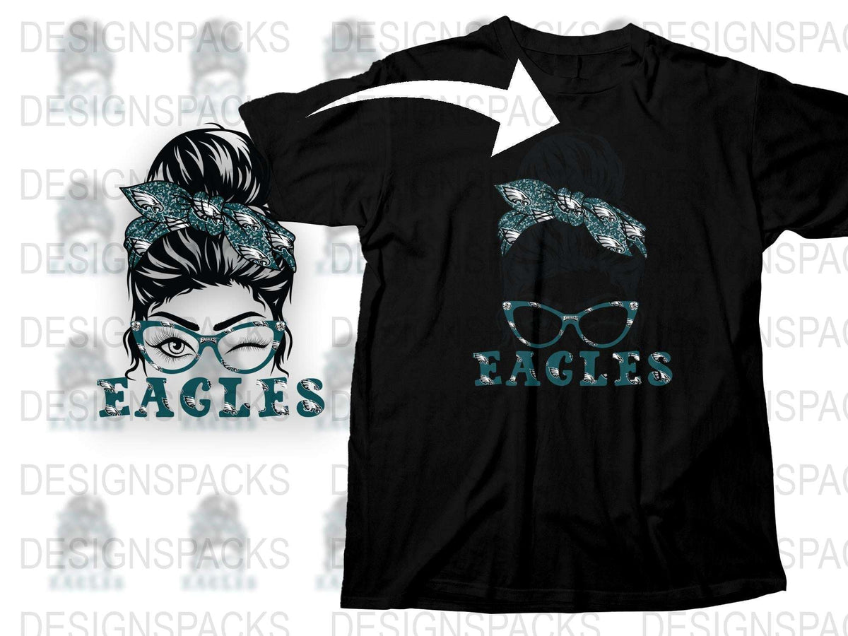 Women's Eagles Graphic T-Shirt, Stylish Blue Glasses and Bandana Print, Casual Black Tee