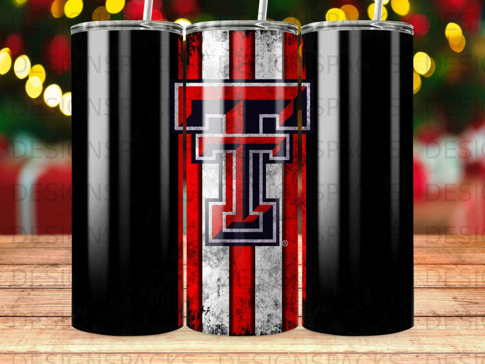 Black tumbler with Texas Tech Red Raiders logo and red and white stripes.