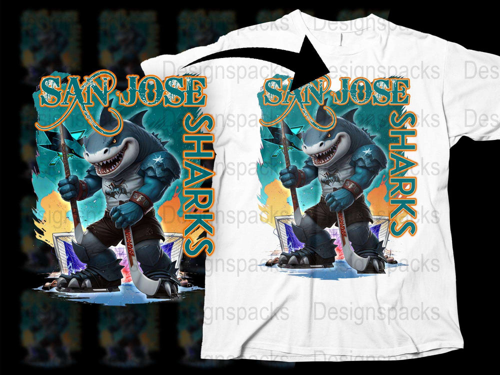 San Jose Sharks Hockey Mascot T-Shirt, Aggressive Shark Graphic Tee, Sports Fan Apparel, Vibrant Blue and White Color