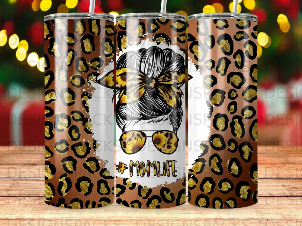 Leopard print tumbler with messy bun mom sunglasses and #MomLife design.
