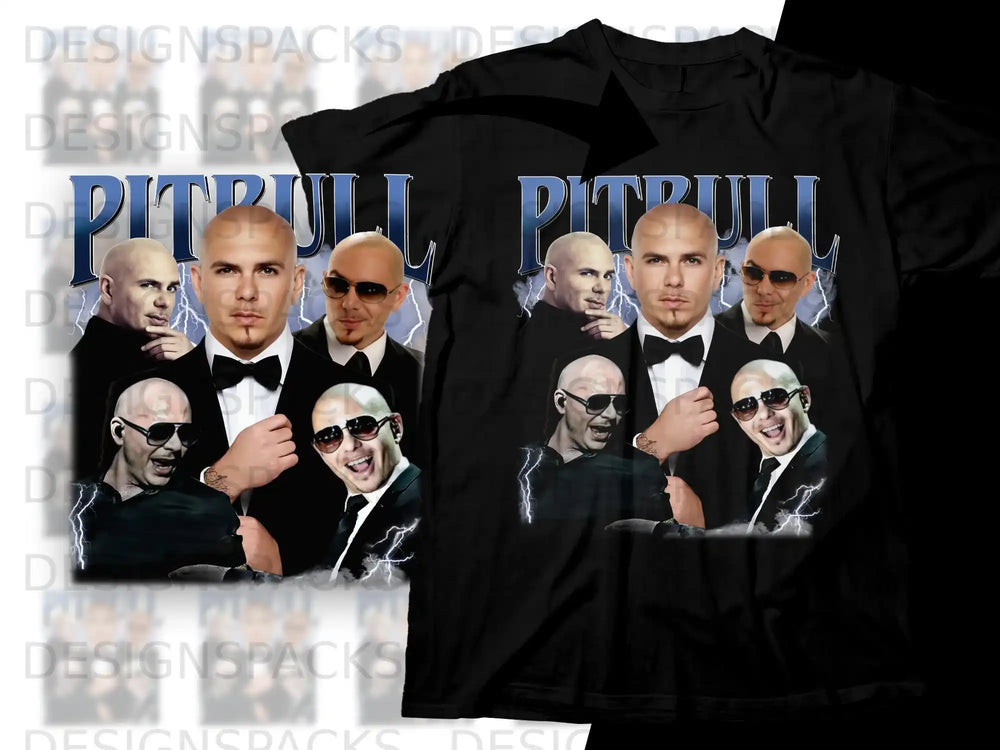Pitbull in a tuxedo and sunglasses surrounded by lightning.