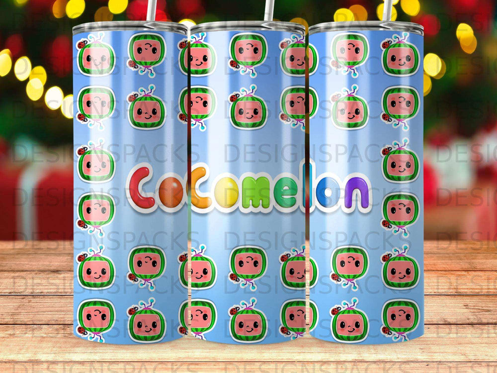 Watermelon characters with ladybugs on a blue background, "Cocomelon" text.
