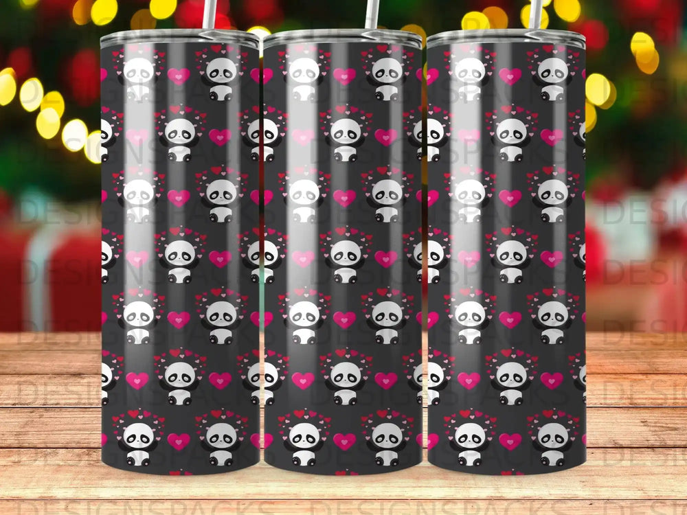 Black tumbler with repeating pattern of pandas and pink hearts.