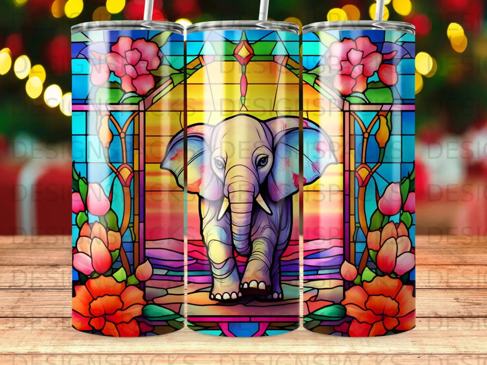 Stained glass elephant with floral border design on a tumbler.