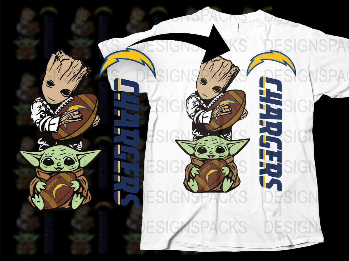 Baby Yoda and Groot Football Fans T-Shirt, Cute Character Sports Tee, Chargers Inspired Design