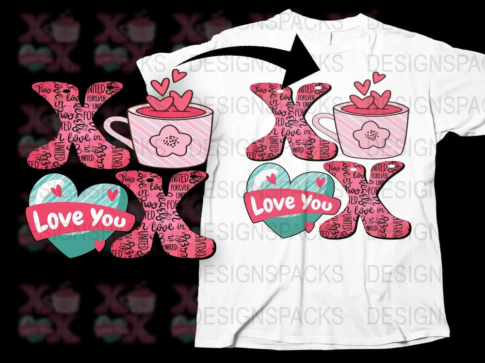 Love You Valentine's Day Teacup and Heart Pattern Graphic T-Shirt, Cute Romantic Gift Idea