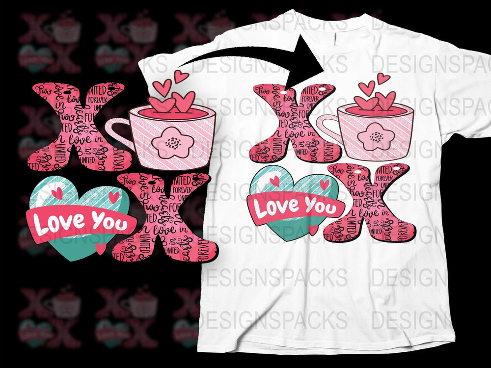 Love You Valentine's Day Teacup and Heart Pattern Graphic T-Shirt, Cute Romantic Gift Idea