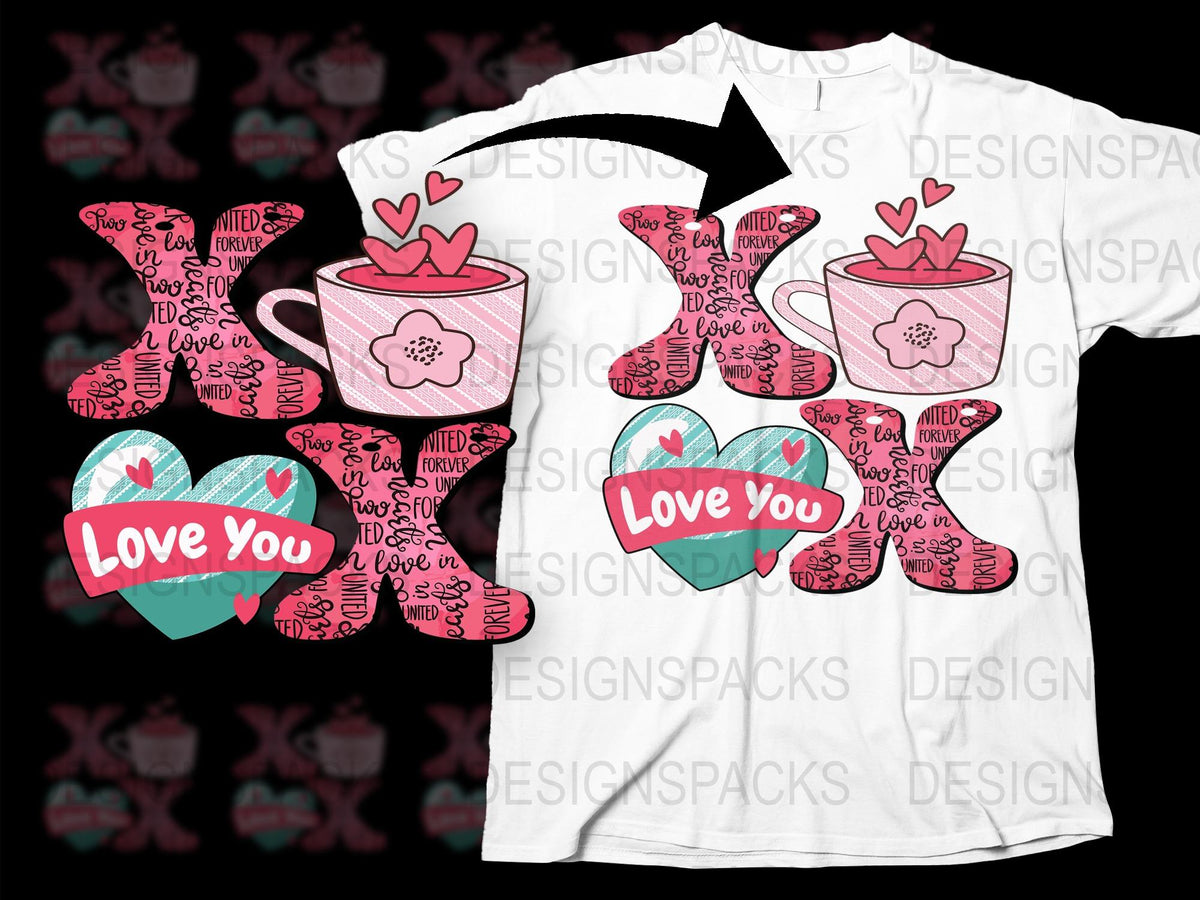 Love You Valentine's Day Teacup and Heart Pattern Graphic T-Shirt, Cute Romantic Gift Idea