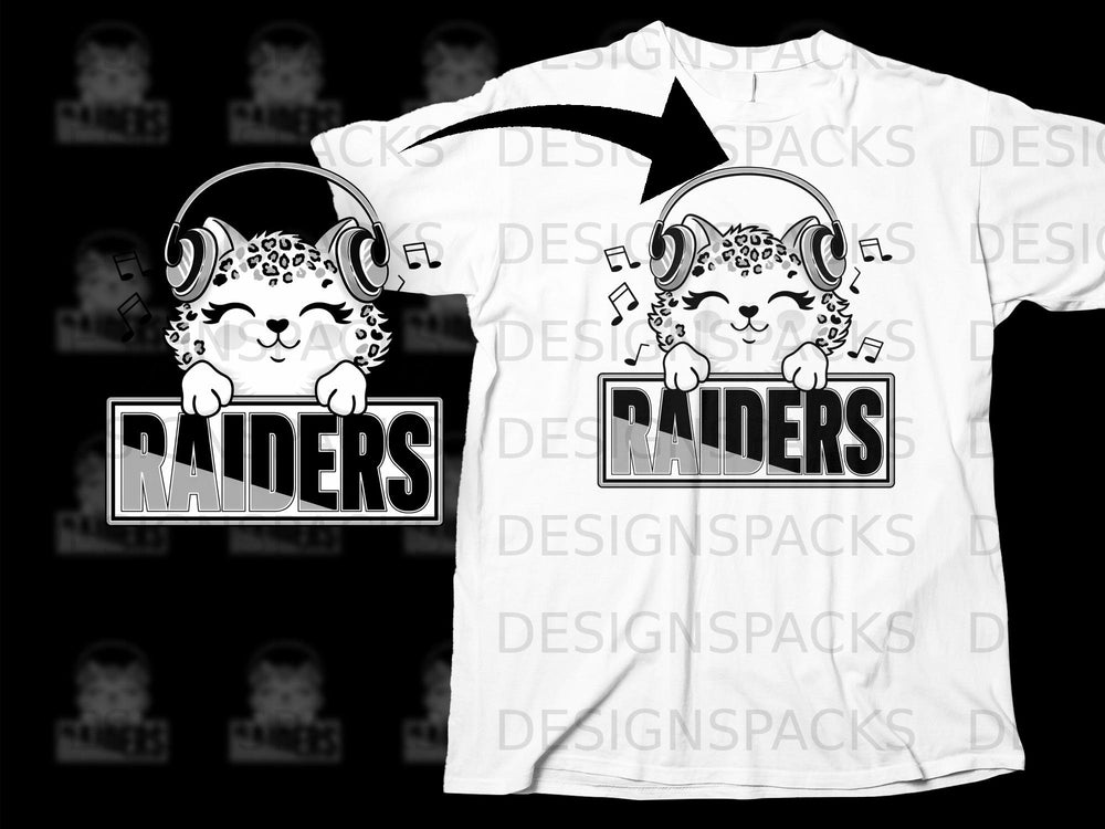 Cute leopard mascot wearing headphones and holding a "Raiders" sign.