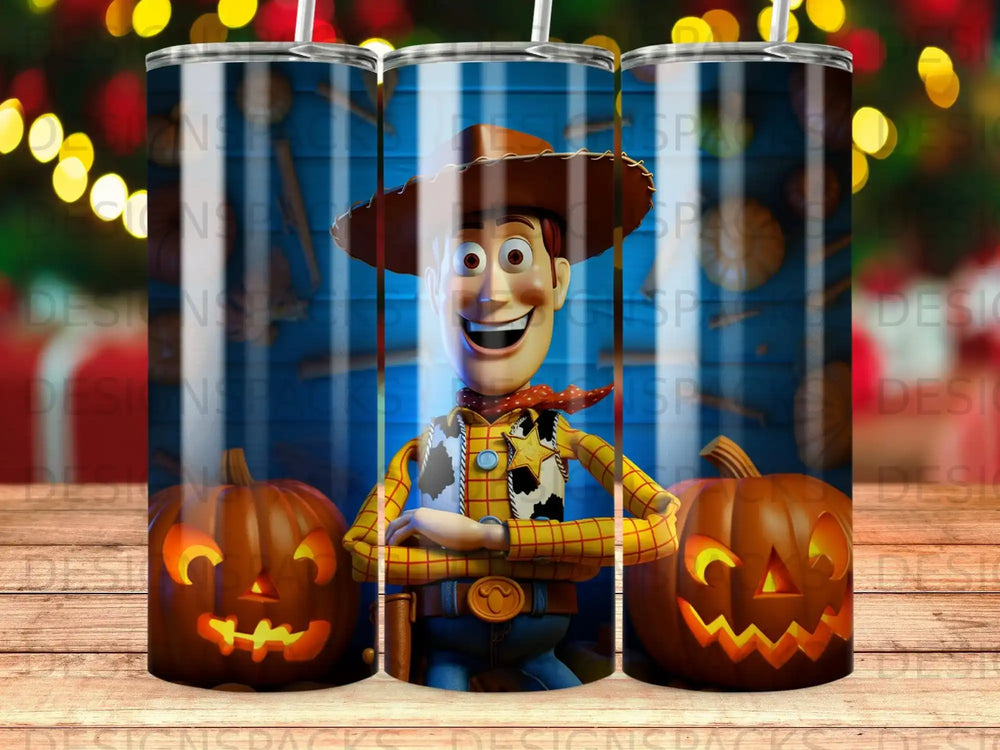 Woody from Toy Story with pumpkins and a blue wood background.