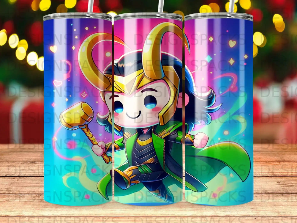 Chibi Loki character with hammer and green cape on colorful background.