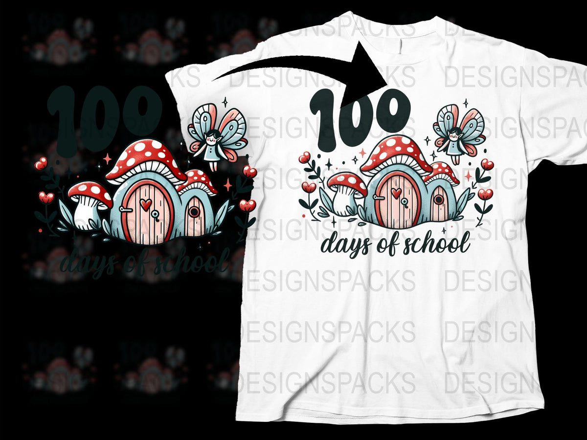 100 Days of School T-Shirt, Kids White Tee, Colorful Mushroom Graphic, Teacher Gift, Fun School Milestone Celebration Shirt