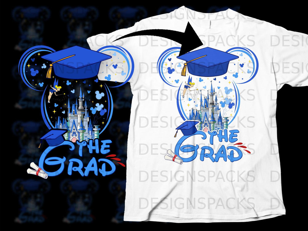 Blue graduation cap above Mickey ears, castle, and "The Grad" text.