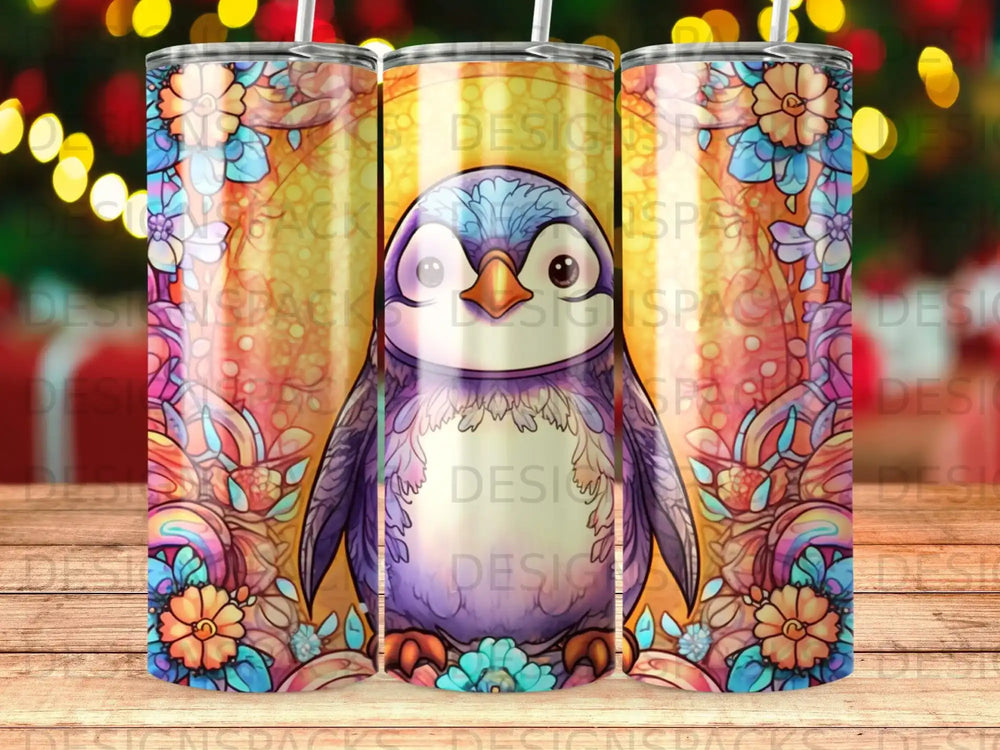 Purple penguin with colorful floral border on a tumbler.