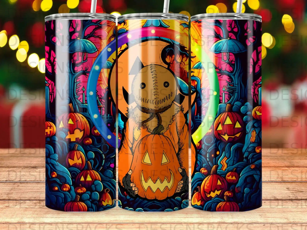 Halloween themed tumbler with Jack-o'-lantern and spooky tree design.