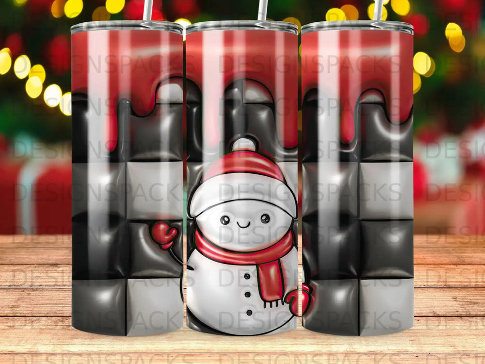 Tumbler with melting snowman design and black and white checkered background.
