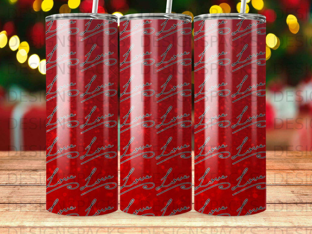 Red tumbler with repeating "Love" script pattern and subtle white hearts.
