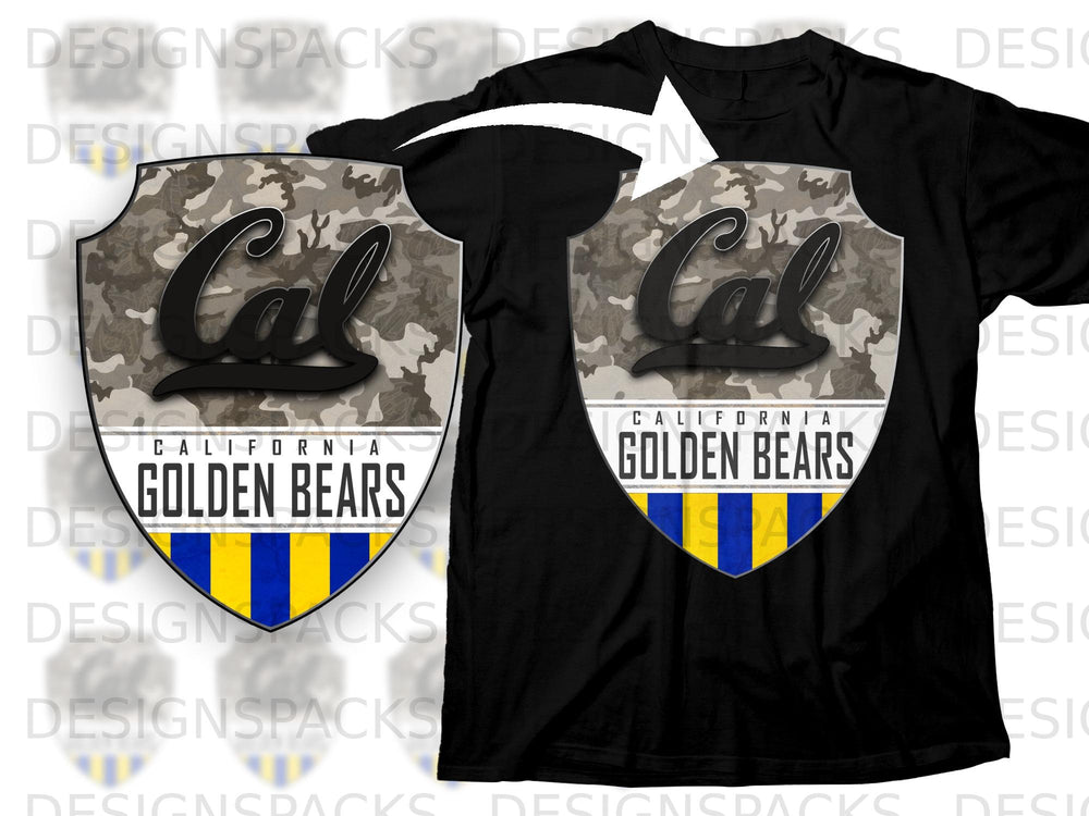 Black t-shirt with shield graphic featuring "Cal California Golden Bears" text and camouflage design.