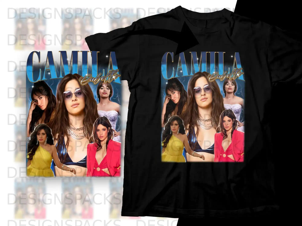 Camila Cabello collage graphic on black t-shirt.