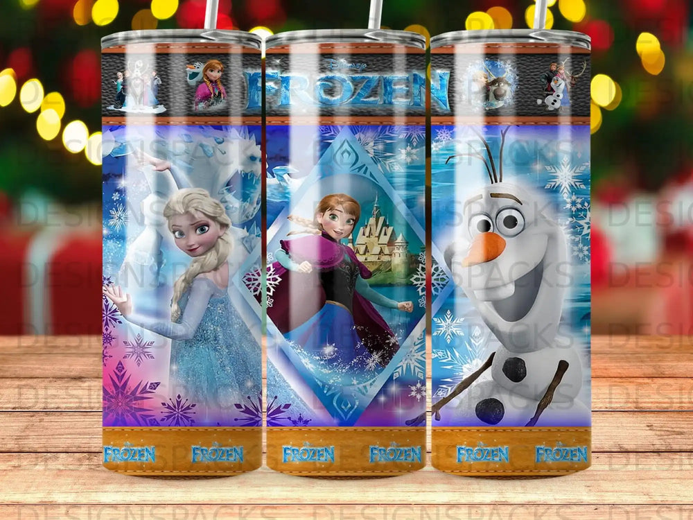Frozen Elsa, Anna, and Olaf on a tumbler with blue, snowflake, and ice castle graphics.