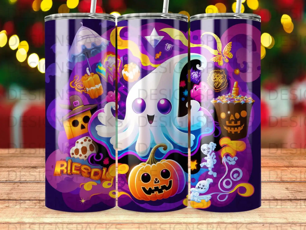 Halloween tumbler with ghost, pumpkin, spooky treats, and "Riesol" text.