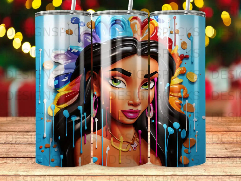 Woman with colorful painted hair and dripping paint accents.