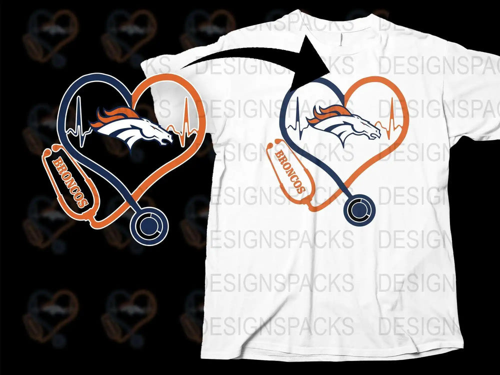 Denver Broncos Heartbeat Stethoscope T-Shirt, NFL Fan Gear, Football Team Graphic Tee, Sports Apparel