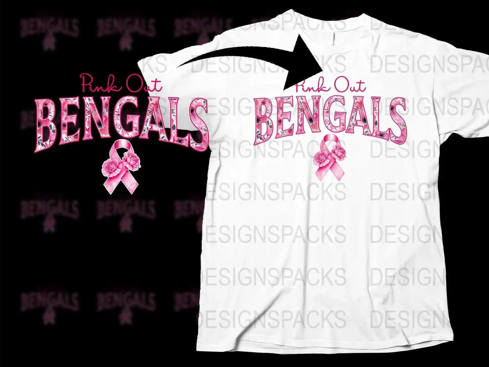 Pink Out Bengals T-Shirt, Breast Cancer Awareness, Support Ribbon, Sports Fan Gear, White Graphic Tee