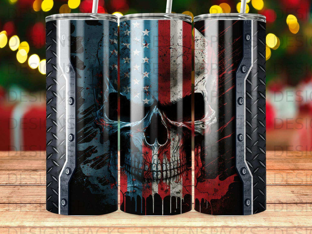 Distressed American flag skull tumbler with steel accents.