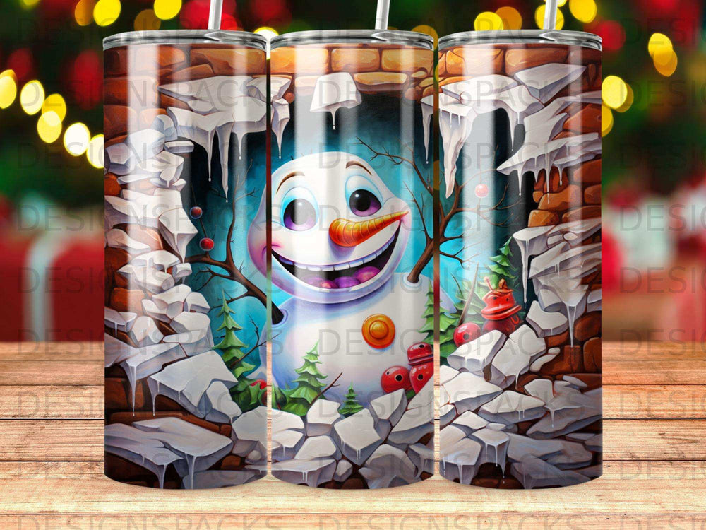 Smiling snowman with carrot nose in icy scene.
